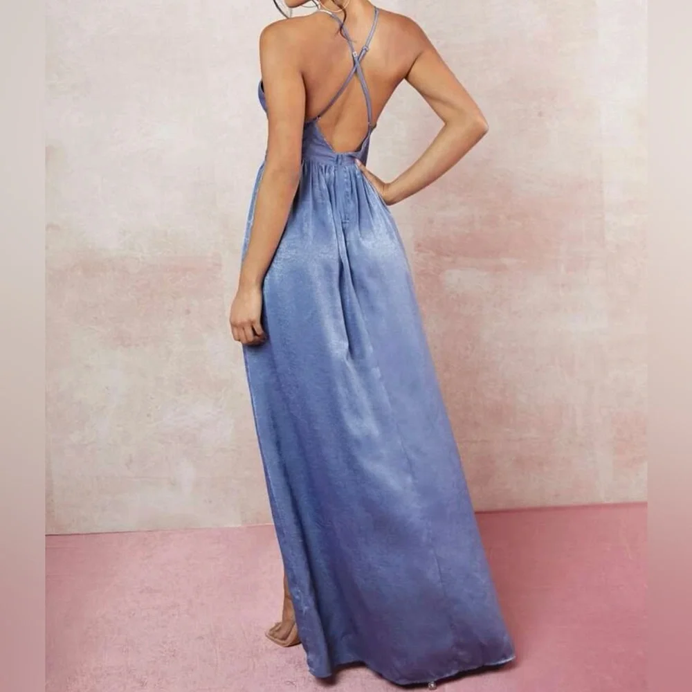 Blue Satin Slit Cut Out Dress - Picture 2 of 4